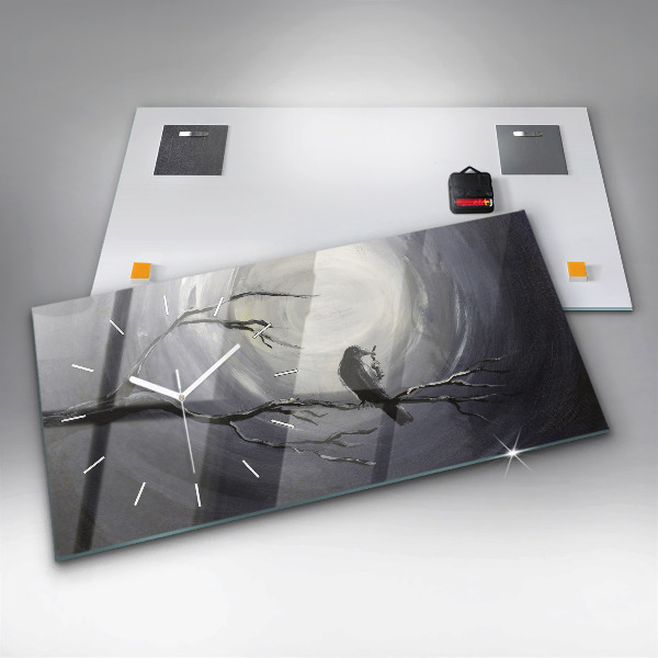 Horizontal wall clock Raven in the moonlight