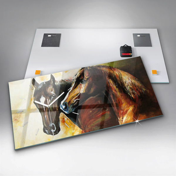 Horizontal wall clock Two painted horses