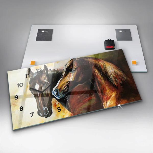 Horizontal wall clock Two painted horses