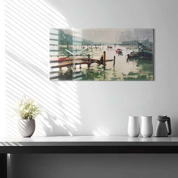 Horizontal wall clock Fishing boats in the port