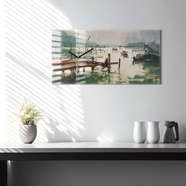 Horizontal wall clock Fishing boats in the port