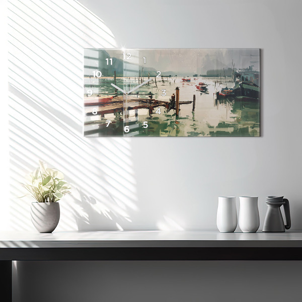 Horizontal wall clock Fishing boats in the port