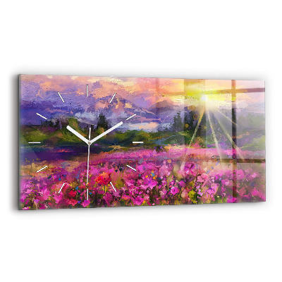 Horizontal wall clock Meadow in the sunset