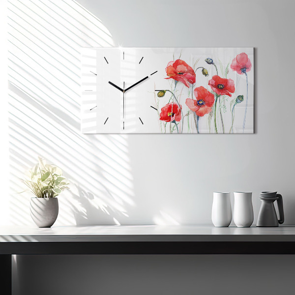 Horizontal wall clock Painted Red Poppies