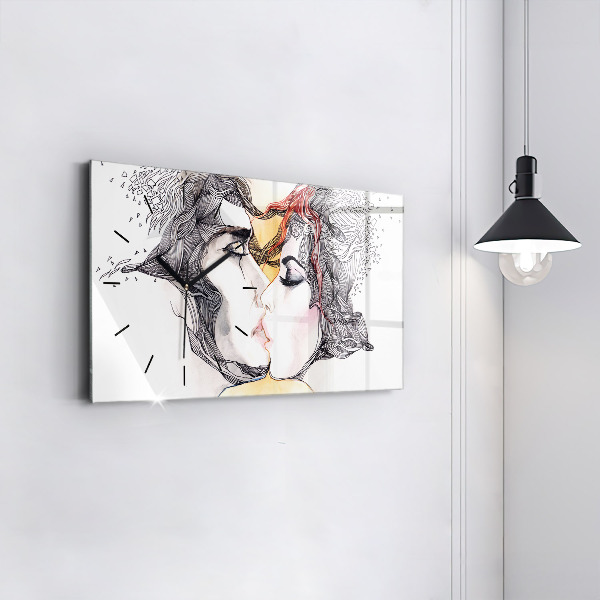 Horizontal wall clock Love kiss drawing