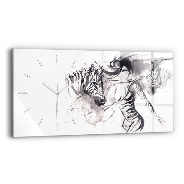 Horizontal wall clock Woman and zebras