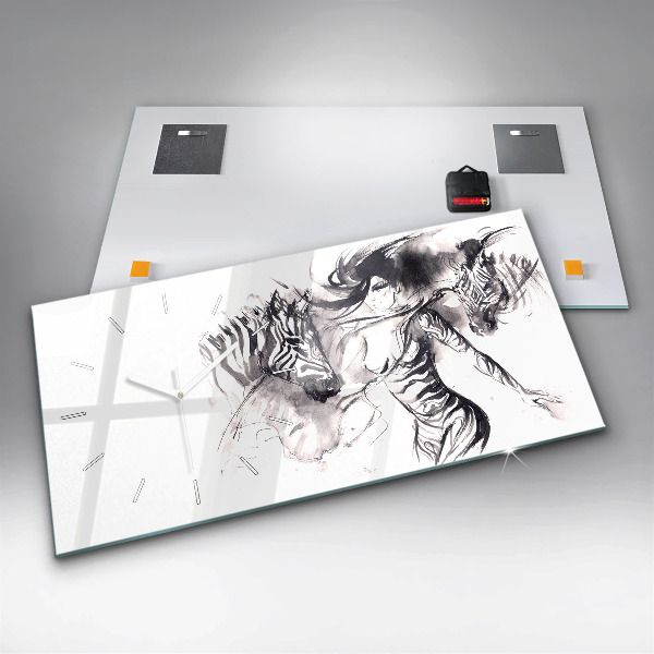 Horizontal wall clock Woman and zebras