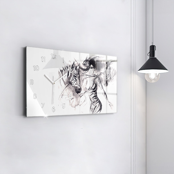 Horizontal wall clock Woman and zebras