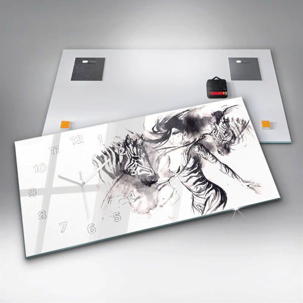 Horizontal wall clock Woman and zebras