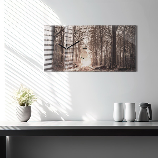 Horizontal wall clock Forest path in sepia