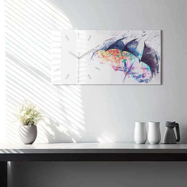 Horizontal wall clock Rain umbrella and city