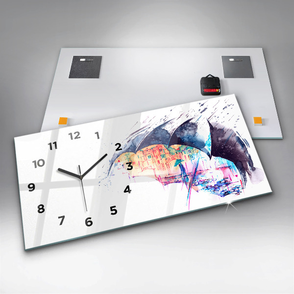 Horizontal wall clock Rain umbrella and city
