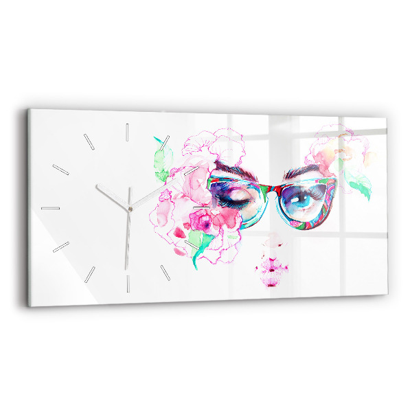 Horizontal wall clock Face of a woman with glasses