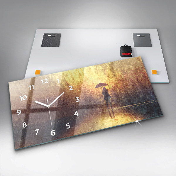 Horizontal wall clock woman with umbrella