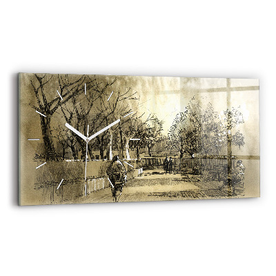Horizontal wall clock Park and trees in sepia
