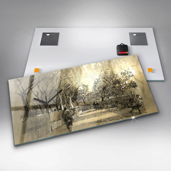 Horizontal wall clock Park and trees in sepia