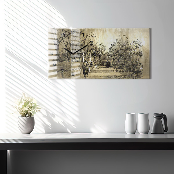 Horizontal wall clock Park and trees in sepia