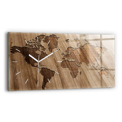 Horizontal wall clock World map on wood
