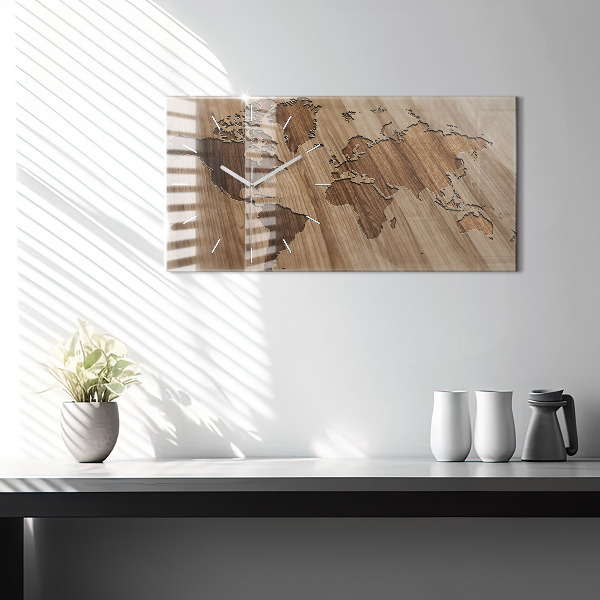 Horizontal wall clock World map on wood