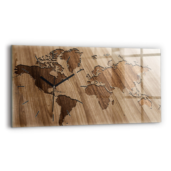 Horizontal wall clock World map on wood
