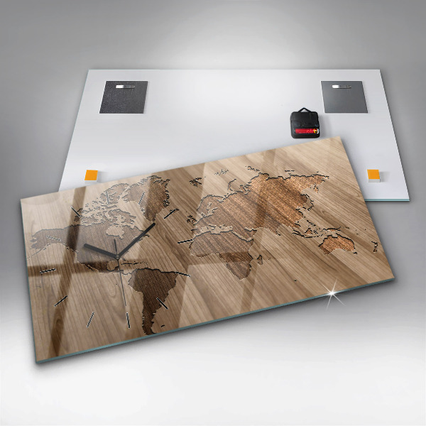 Horizontal wall clock World map on wood