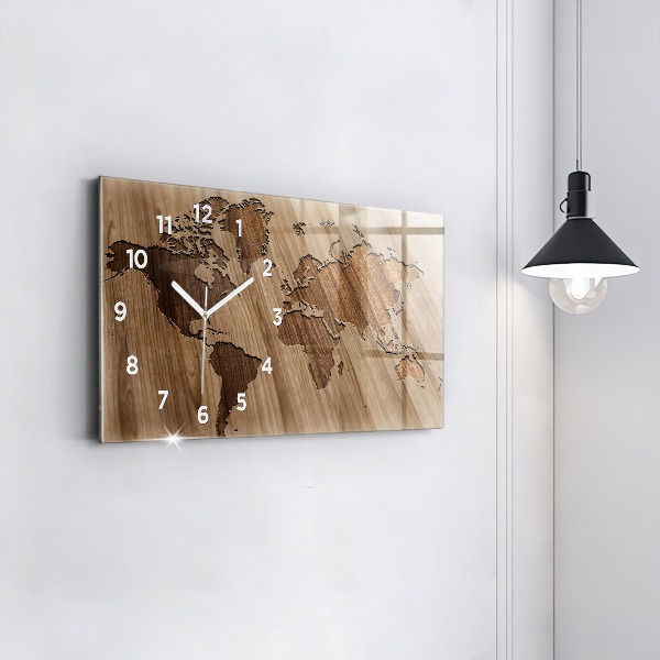 Horizontal wall clock World map on wood