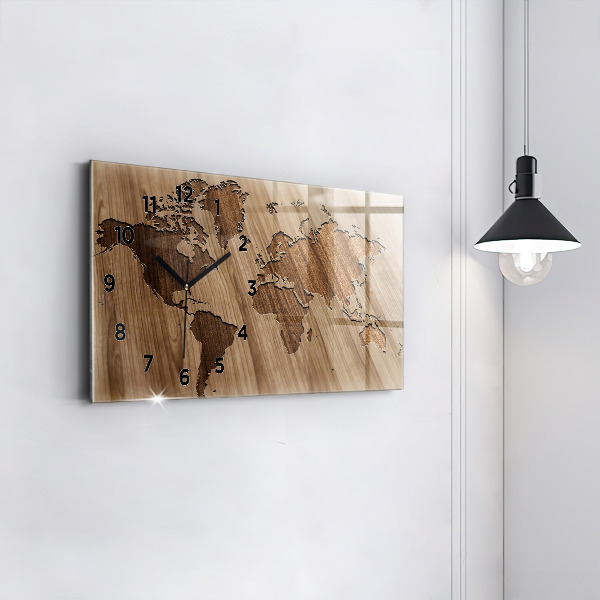 Horizontal wall clock World map on wood