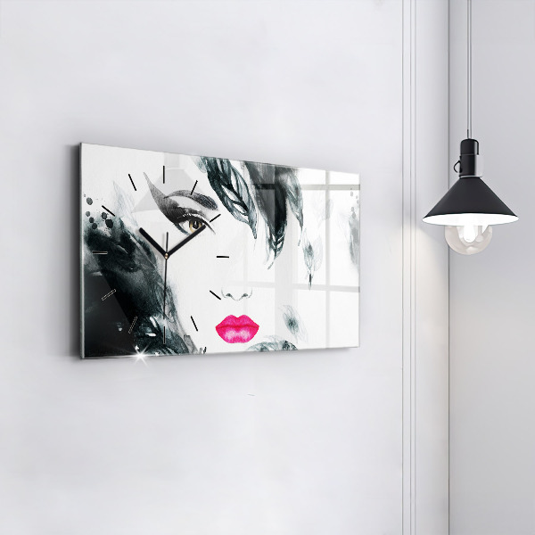 Horizontal wall clock Portrait of a woman red lips