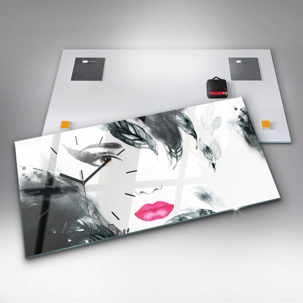 Horizontal wall clock Portrait of a woman red lips