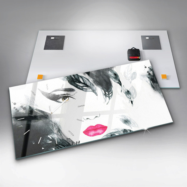 Horizontal wall clock Portrait of a woman red lips