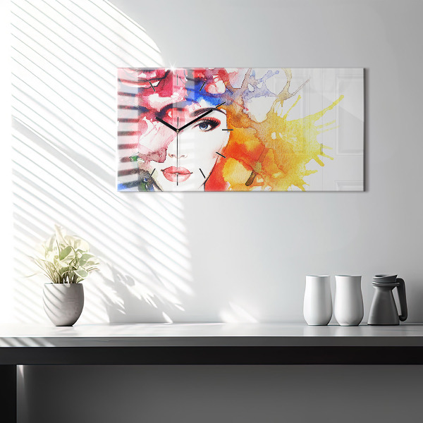 Horizontal wall clock colorful portrait of a woman