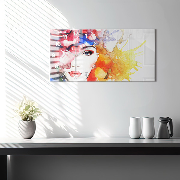 Horizontal wall clock colorful portrait of a woman