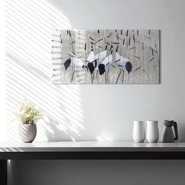 Horizontal wall clock Cranes in the reeds
