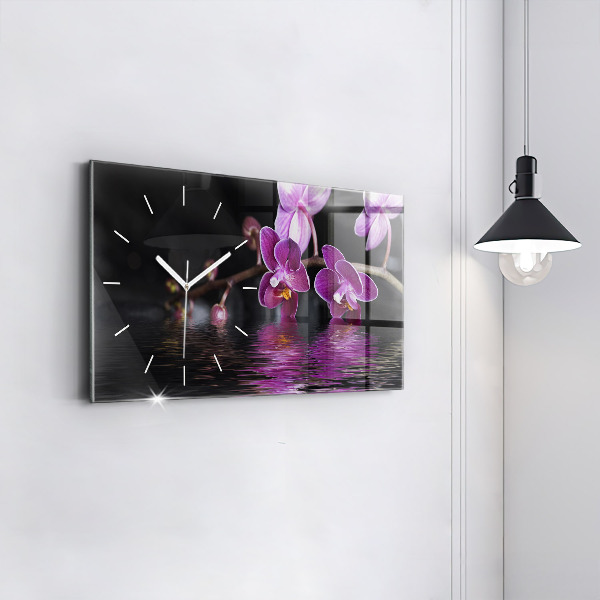 Horizontal wall clock Orchid flower on the water
