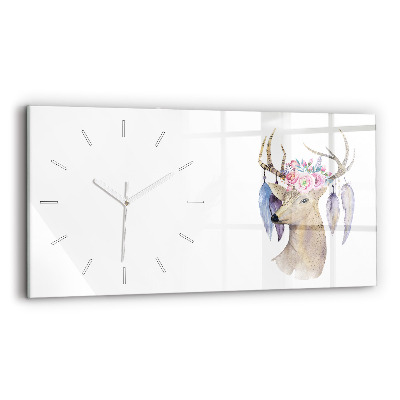 Horizontal wall clock Deer head and flowers
