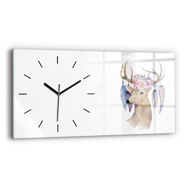 Horizontal wall clock Deer head and flowers