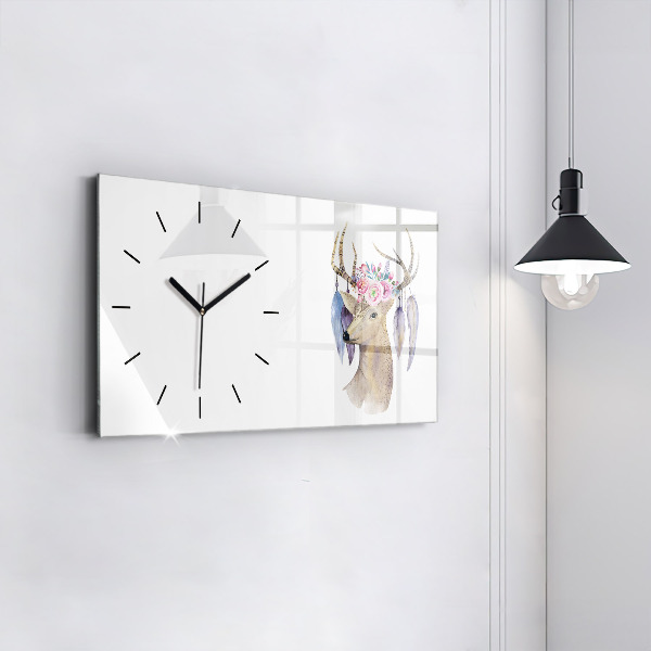 Horizontal wall clock Deer head and flowers