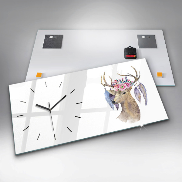 Horizontal wall clock Deer head and flowers