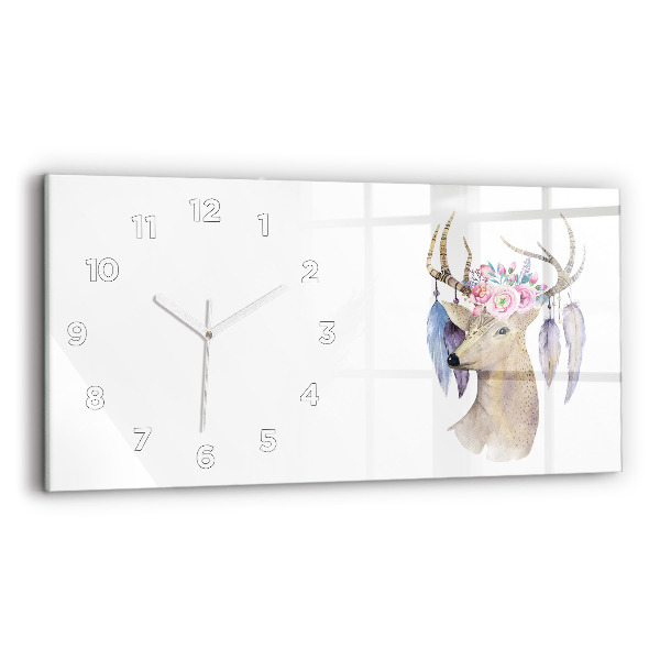 Horizontal wall clock Deer head and flowers