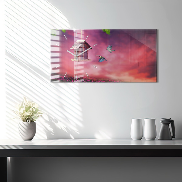 Horizontal wall clock A house for birds