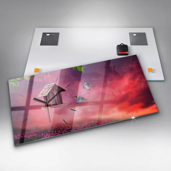 Horizontal wall clock A house for birds