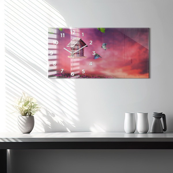 Horizontal wall clock A house for birds