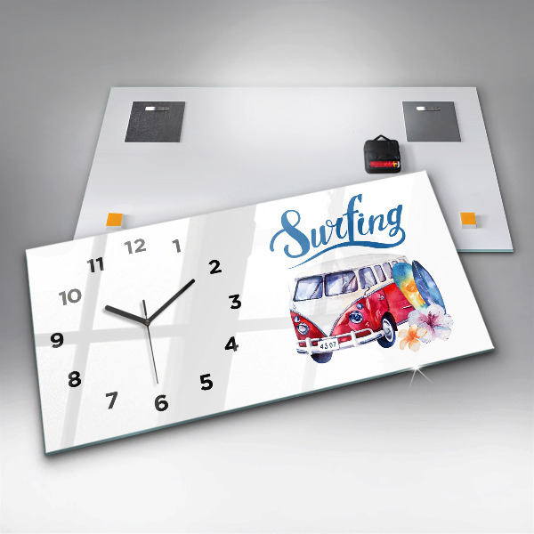 Horizontal wall clock Car and Surfing sign