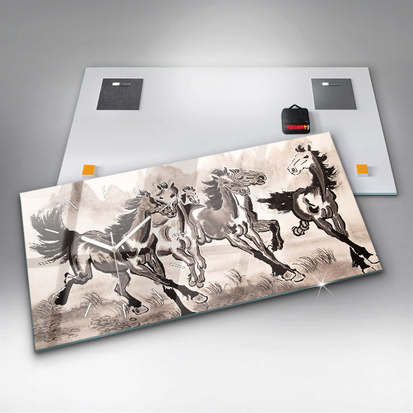 Horizontal wall clock Galloping horses