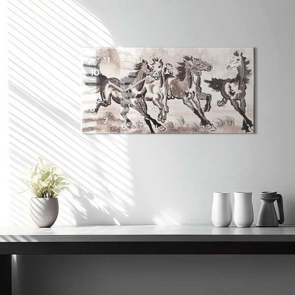 Horizontal wall clock Galloping horses