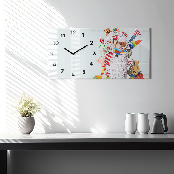 Horizontal wall clock Wicker basket with toys