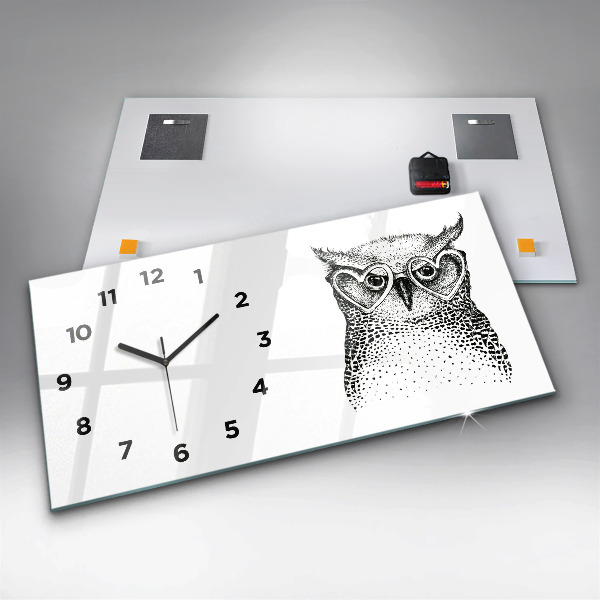 Horizontal wall clock Drawn owl with glasses