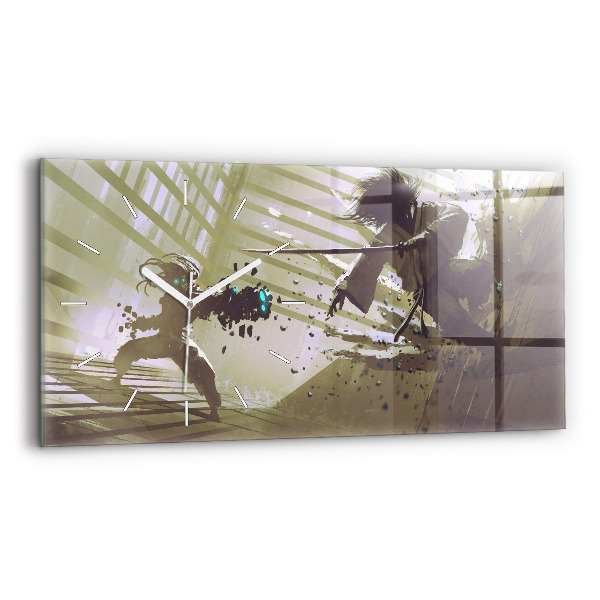 Horizontal wall clock Robot vs Samurai Fight