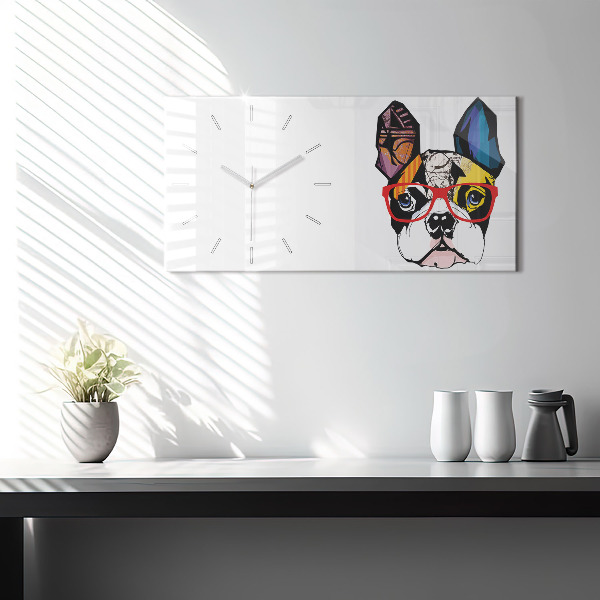 Horizontal wall clock French bulldog with glasses