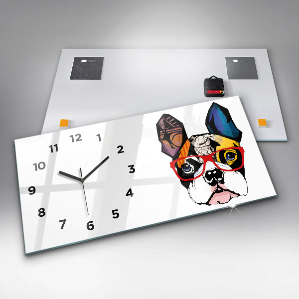 Horizontal wall clock French bulldog with glasses